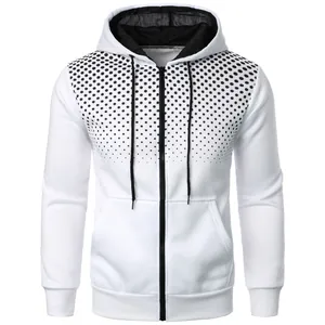 White men's casual zip-up hooded sweatshirt with black 3D polka dot gradient pattern