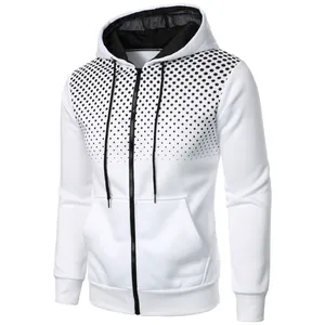 Detail of white men's zip-up hoodie featuring black dot gradient pattern on chest