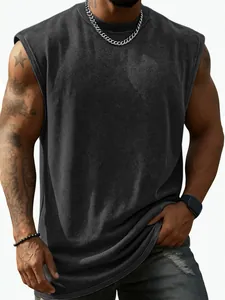 Detail view of a men's vintage washed dark grey sleeveless heavyweight cotton T-shirt