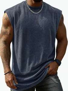 Men's vintage washed cotton sleeveless tank top with loose fit and heavy fabric