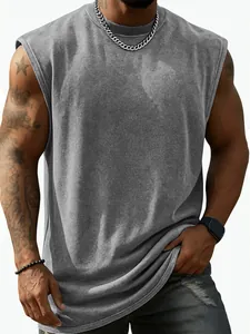 Detail shot of men's vintage washed grey heavyweight sleeveless muscle gym tank top