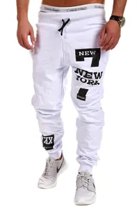 Stylish white men's hip-hop joggers featuring bold black New York letter and number prints
