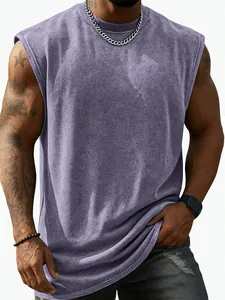 Men's vintage washed purple sleeveless cotton t-shirt for fitness and casual wear.