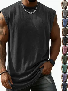 Men Heavyweight Pure Cotton Tank Top Washed Distressed Sleeveless Sport T-Shirt Loose Fit Vintage Athletic Muscle Vest