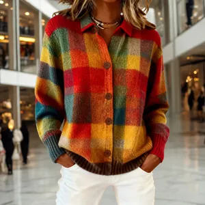 Bunter Damen-Strickjacke mit Karomuster, Revers und lockerer Passform für den Winter.