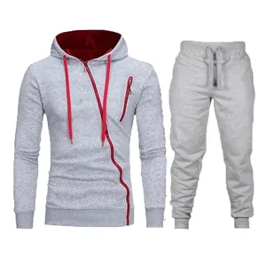 Survêtement gris pour homme avec sweat à capuche à fermeture éclair diagonale rouge et jogging