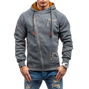 Close-up of men's cationic heather grey hoodie with a unique side zipper design