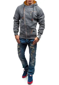 Stylish men's marled grey fleece hoodie with a unique diagonal side zipper design