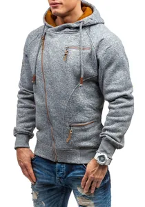 Close-up detail of men's side zipper hoodie in mottled gray cationic fabric fleece