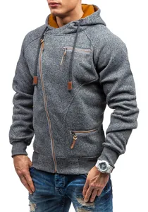 Detailed view of men's grey heathered hoodie featuring a unique side zipper design