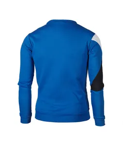 Back view of blue men's sweatshirt with white and black color-block sleeve detail