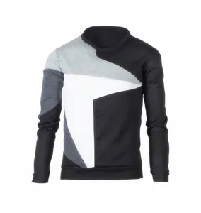 Detailed front view of men's casual long-sleeved sweatshirt with geometric color-block design