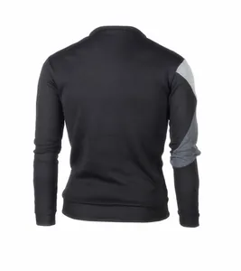 Rear view detail of men's casual black fleece sweatshirt with grey sleeve patchwork
