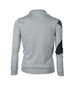 Back view of a grey men's sweatshirt featuring black curved color-block sleeve detail.