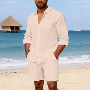 Men Casual Linen Shirt And Shorts Set Summer Beach Vacation Breathable Long Sleeve Top And Bottom Fashion Outfit