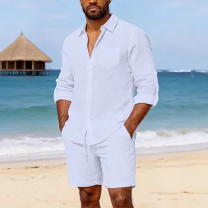 Men's white linen casual set featuring long sleeve shirt and matching shorts beachwear