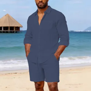 Stylish men's navy blue linen long sleeve shirt and matching shorts beach vacation
