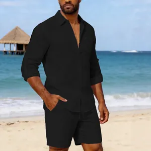 Men's stylish black linen two-piece casual outfit with long-sleeve shirt and shorts