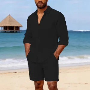 Men's stylish black linen two-piece set featuring a long-sleeve shirt and shorts