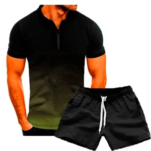Men's casual summer polo shirt set featuring a 3D gradient design with black shorts