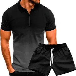 Men's casual 2-piece sportswear set with gradient short sleeve Polo shirt and black shorts.