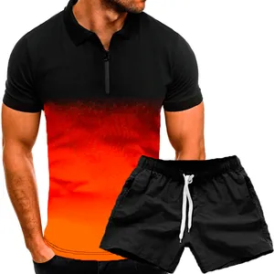 Men's casual sports suit featuring a black and red gradient Polo shirt and shorts