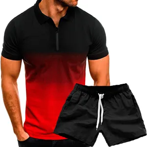 Stylish men's sports set featuring a red gradient polo shirt and black casual shorts