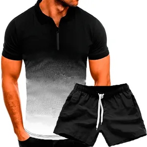 Detail view of men's summer 3D gradient zip polo shirt and casual black shorts set.