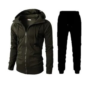 Two-piece men's athletic tracksuit set featuring olive green hoodie and black joggers set