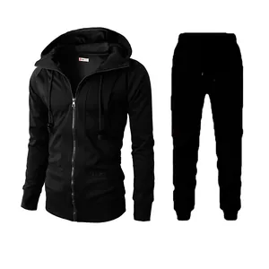 Black men's hooded tracksuit set with zip-up hoodie and jogger pants