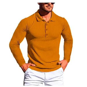 Polo da uomo a maniche lunghe in maglia a coste vestibilità slim giallo senape