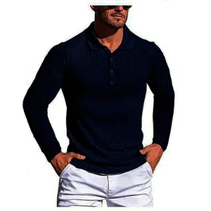 Polo sportiva da uomo a maniche lunghe, vestibilità slim con trama a maglia a coste