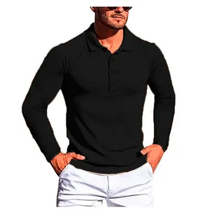 Polo a maniche lunghe nera slim fit da uomo con trama a costine per sport e fitness