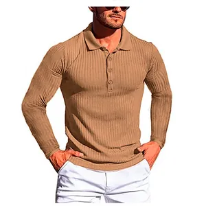 Polo da uomo a maniche lunghe vestibilità aderente a costine per sport e fitness
