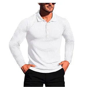 Polo da uomo bianca a maniche lunghe slim fit con trama a costine verticali
