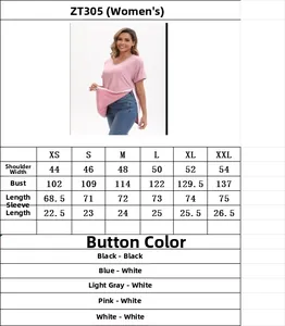 Size chart and button color options for women's post-surgery recovery snap button shirt