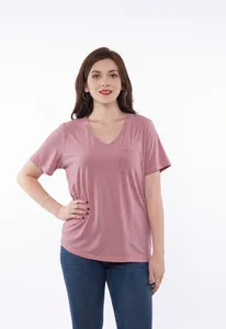 Women's V-neck post-surgery recovery T-shirt with chest pocket in heather pink finish