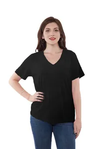Close-up detail of a black V-neck post-surgery recovery shirt on a female model.