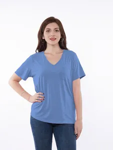 Detailed shot of a light blue V-neck post-surgery recovery shirt with chest pocket