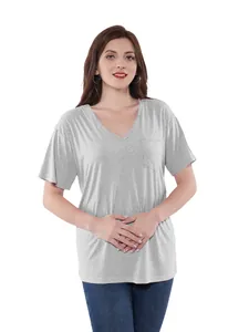 Detailed view of grey V-neck recovery T-shirt with chest pocket for post-surgery comfort