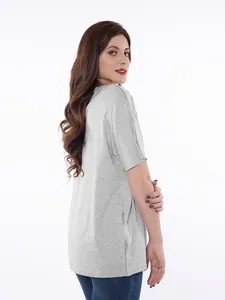 Detailed back view of gray post-surgery recovery shirt for dialysis and chemo care