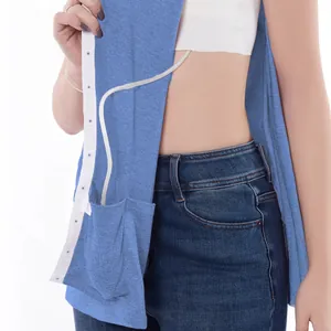 Blue post-surgery recovery shirt with snaps and drainage tube pocket for patient medical care