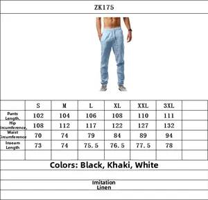 Comprehensive size chart for men's casual linen-like trousers ZK175 specifications.
