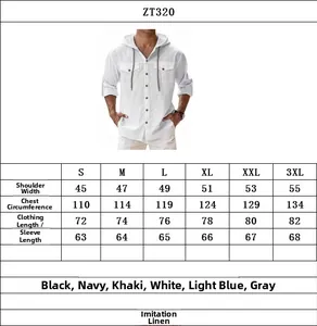 Size chart and measurement guide for men's linen long-sleeve hooded casual shirt