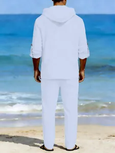Back view of men's white linen long-sleeve hooded shirt and casual pants set.