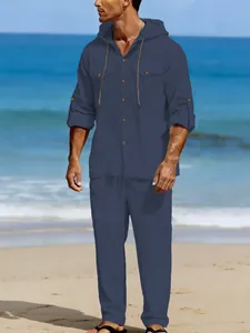Men's navy blue linen casual hooded shirt and trousers set for beach holidays