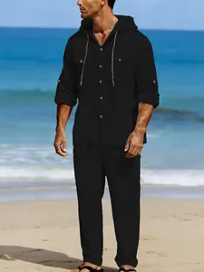Men's black linen hooded long-sleeve shirt and casual long pants set for the beach