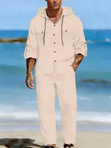 Men's casual linen-look hooded shirt and matching long pants set in soft apricot beige