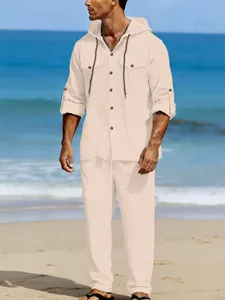 Men's casual linen hooded shirt and matching long pants set for summer beach wear
