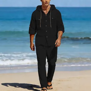 Men's black linen casual two-piece set featuring a hooded shirt and matching pants